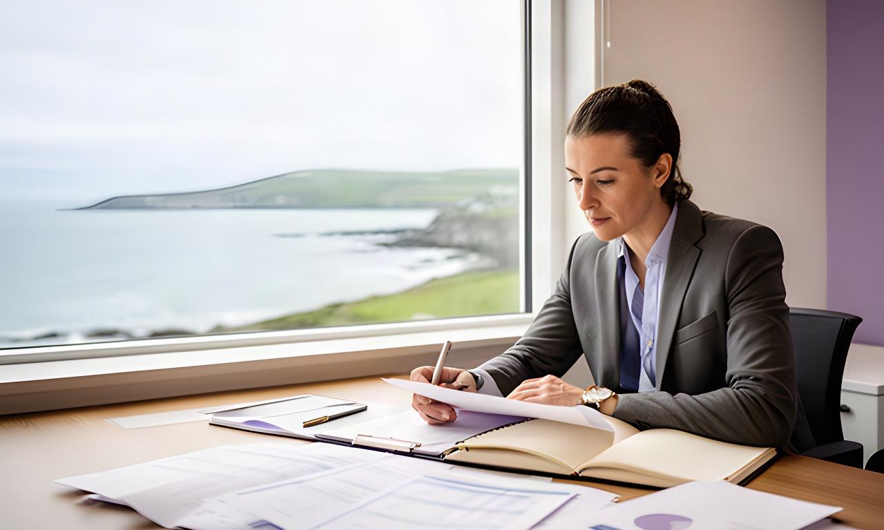 Business owner reviewing company accounts at a Greystones office desk, with a notebook and coastal daylight through the window