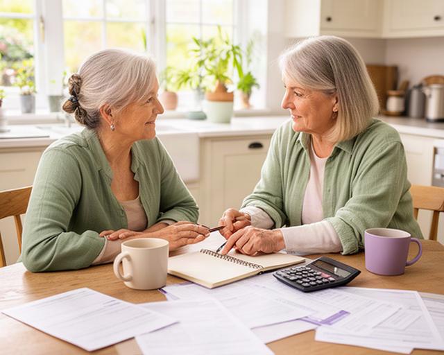 Two adults reviewing pension papers at a kitchen table in a bright Greystones home