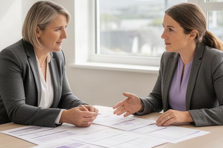 An adviser and client reviewing pension statements at a bright meeting table in Greystones