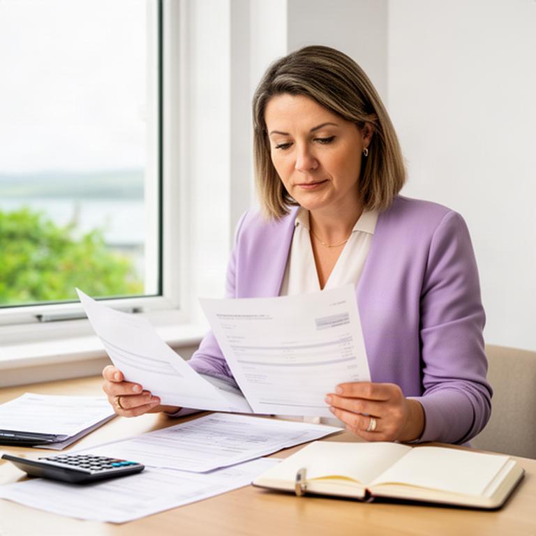 Small business owner reviewing staff payroll records at a desk in a bright Wicklow office