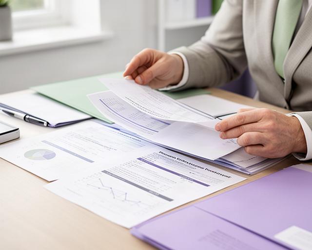 Pension adviser reviewing printed scheme statements and investment notes at a desk in a bright Greystones office