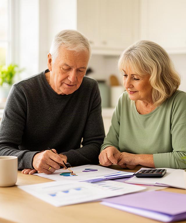 A couple in Greystones reviewing retirement paperwork and pension figures at a bright kitchen table