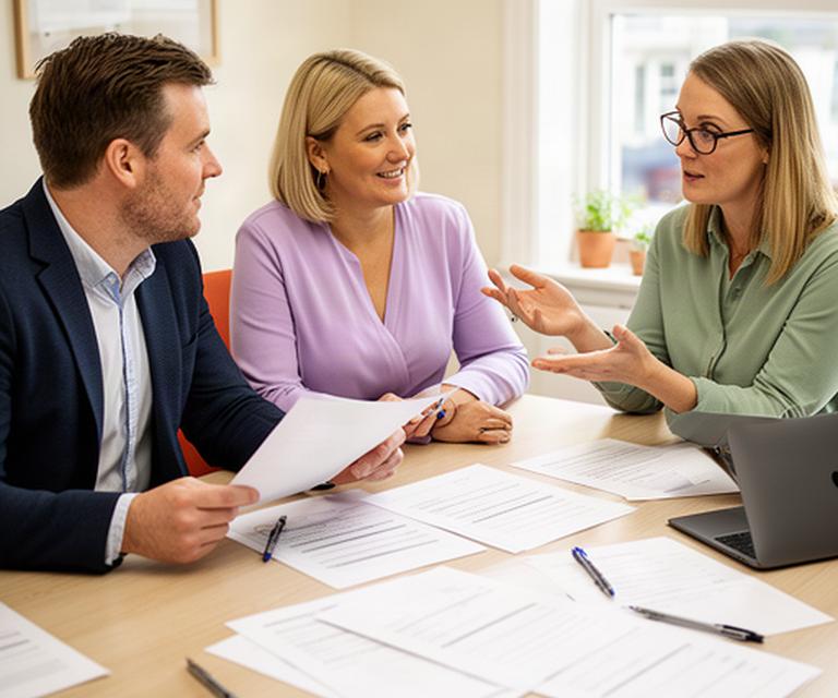 Small Wicklow business owners and a payroll lead reviewing pension documents around a meeting table in a bright local office